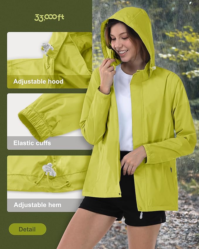 33,000ft Women's Rain Jacket Waterproof Lightweight Packable Raincoat with Hood for Golf Hiking Travel Windbreaker
