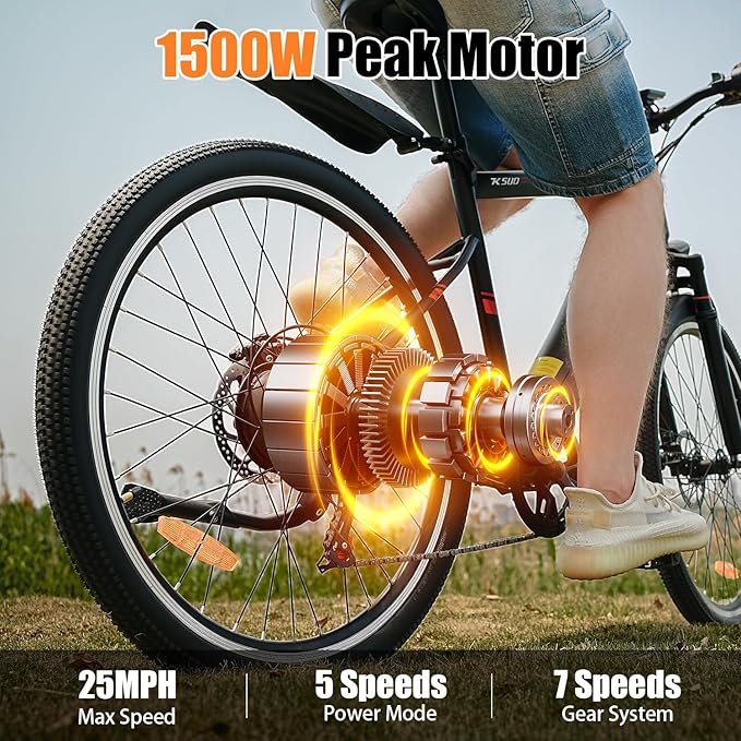 Electric Bike for Adults, 1500W Peak Motor, Up to 25 MPH, 65 Miles PAS Range, 48V 10Ah Removable Battery, Advanced Front Suspension, 7 Speeds, Compact Electric Mountain Bicycle, 26" Commuting Ebike