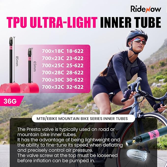 Ridenow 4-Pack Bike Inner Tube for 700/18C-28C, 700/18C-32C with 65/85 mm Metal &TPU Presta Valves for Road Bikes, Super Light Puncture Resistant Bicycle Inner Tube(Include Patch Repair Kits)