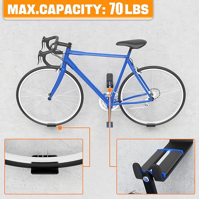 TORACK Wall-mounted Bike Pedal Hanger, Heavy Duty Garage Wall Horizontal Bike Rack, Bike Display Stand for Wall, Holds Up to 70 lbs(Pack of 2)