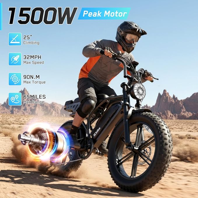 Electric Bike for Adults,1500W Peak Motor Retro E Bike,30MPH Max Speed,60/110 Miles Range,Removable 48V 15Ah Battery,20"x4.0"Fat Tire,Ebike with Suspension,UL 2849