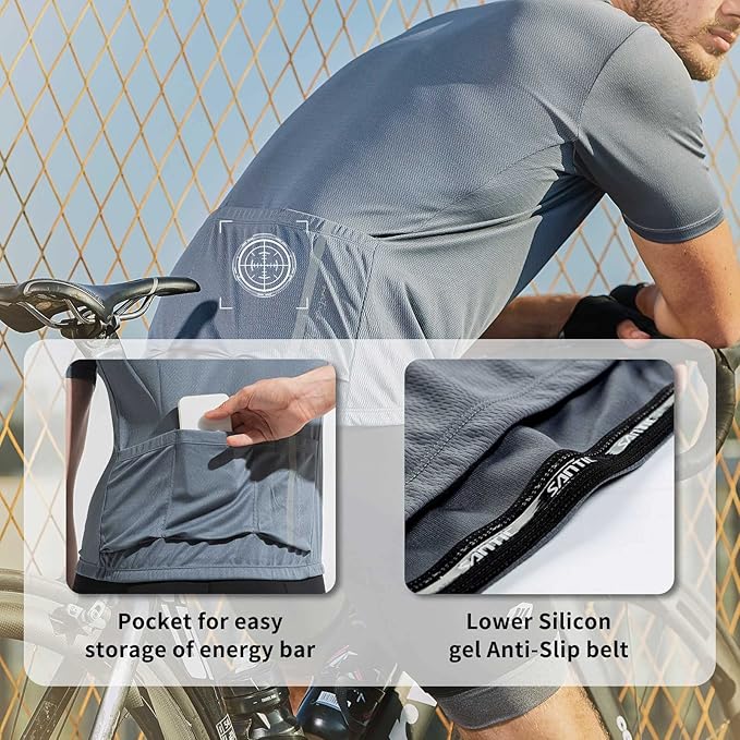 Santic Men's Cycling Jersey Short Sleeve Tops Pro Road Bike Shirt Full Zipper UPF 50+ MTB Jersey with Pockets