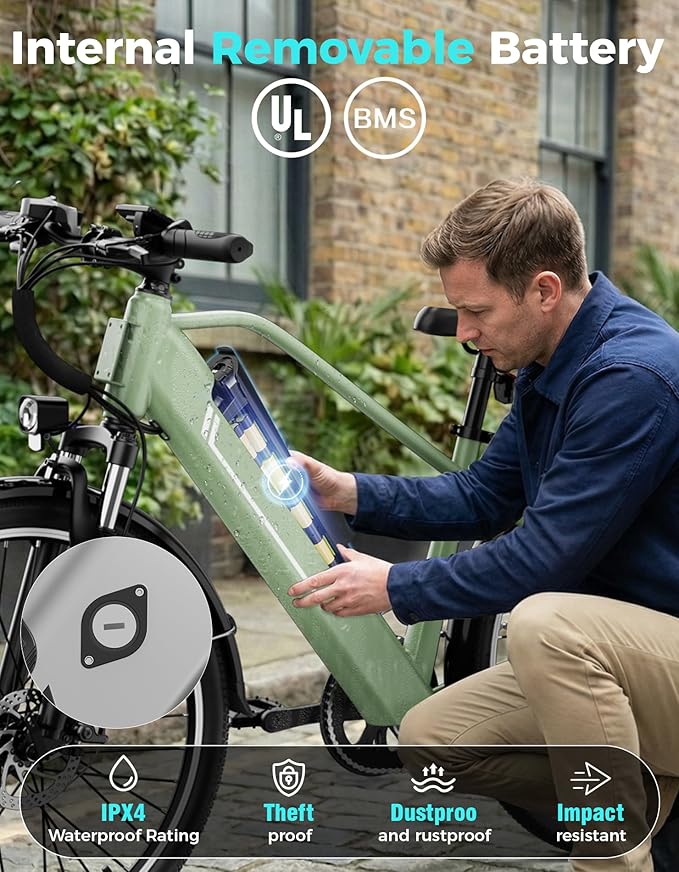 Jasion 26" Electric Bike for Adults, Internal Removable Battery Ebike with 3 Modes & 7-Speed, UL2849 Certified, 1200W Peak Motor, Max 28Mph & 50Miles, Shock Absorber, Electric City Commuter Bicycle