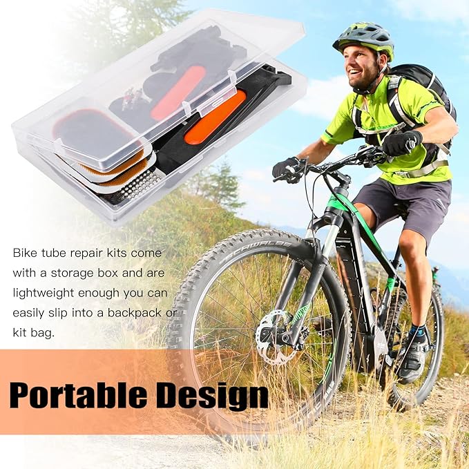 Oumers Bicycle 26-Piece Tire Repair Tools, Bike Tire Patch Repair Kit Tube Repair Kit with Vulcanizing Patches, Self-Adhesive Patchs, Schrader Valve Core, Metal Rasp, Lever, Storage Box(No Glue)