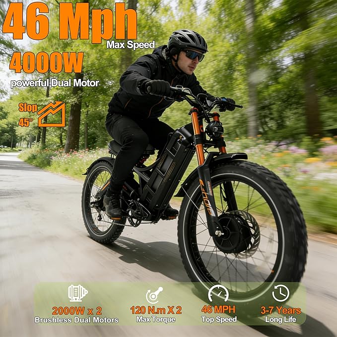 eAhora Romeo Pro 3/2 [2026] 46-50 Mph Electric Bike for Adults, Peak 5600W Dual Motor Ebike, 60V/52V 80Ah/70Ah 250 Miles Long Range E Bike, 26”*4.0 Fat Tire Air Full Suspension Off-Road E-Bike