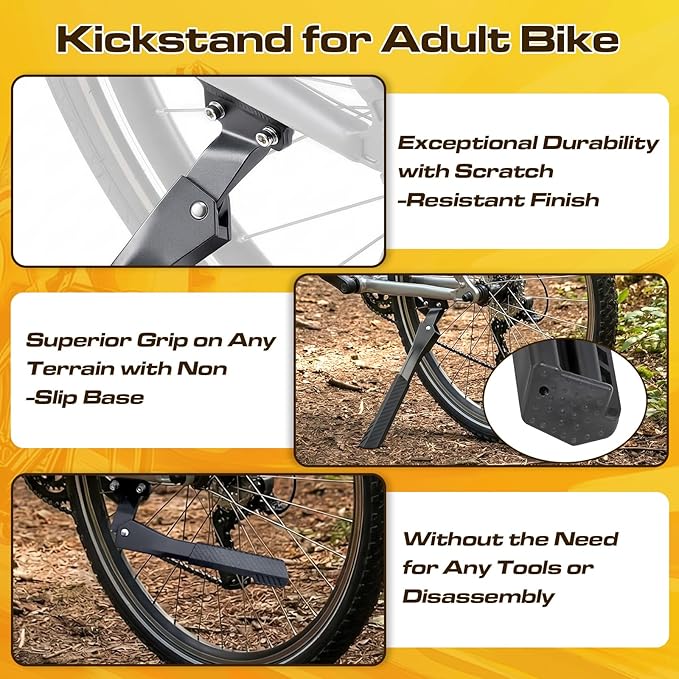 Bike Kickstand for 24-29 Inch Bicycle, 2 Bolt Include, 2 Holes Extra Stable Max Load 176LBS, Non-Slip Base Adult Black Bicycle Kickstand for Mountain Bike, E-Bike, Adjustable Length 34cm-42cm