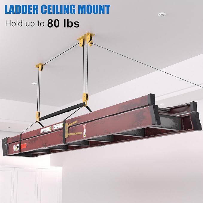 Ladder Storage Pulley Hoist, Self Locking Function Ladder Hanger, Garage Ceiling Mount Lift System for Lightweight Kayak, Ladder, Bike, Surfboard, Hold 80 lbs