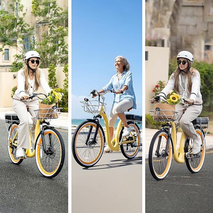 26'' Electric Bike, Peak 1000W Motor 28MPH, 48V 16AH Removable Battery 85Miles, Step Thru City Cruiser Ebike, Lightweight Commuter E-Bike with Aluminum Frame,7-Speed, Full Suspension