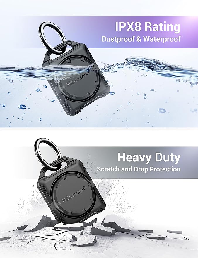 PROfezzion 4-Pack Secure Air Tag Holder Case with Key Ring, 3M Adhesive Mount & Loop Strap for Keychain, Dog Collar, Backpack, Luggage Bag, Car & More, IPX8 Waterproof, Full Cover & Discreet