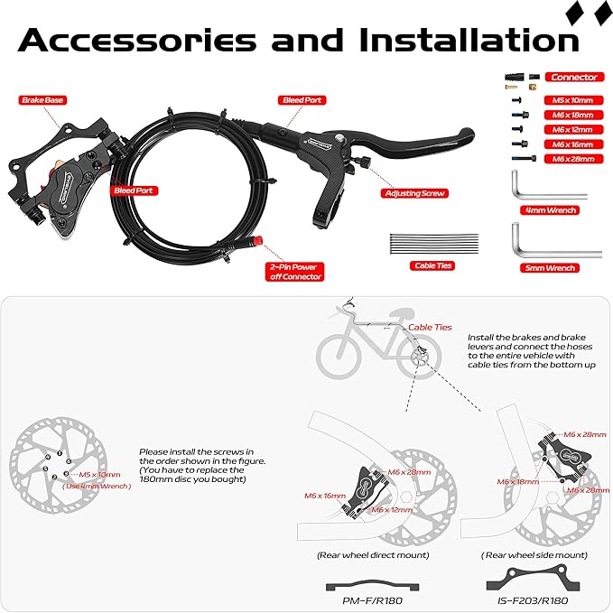 E-Bike Hydraulic Disc Brake Set 4-Pistons/2-Pistons,2-PIN/3-PIN Pre-Bled with Mineral Oil Brakes Kit,Front and Rear Set,180mm 2.3mm Thick Rotors