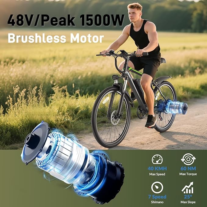 Electric Bike for Adults, Peak 1500W Ebike 26" Electric Mountain Bike 70 Miles Range, 648Wh Removable Battery, 40KMH Fast Commuter Electric Bicycle for Men, Lockable Front Suspension, 7-Speed Gears