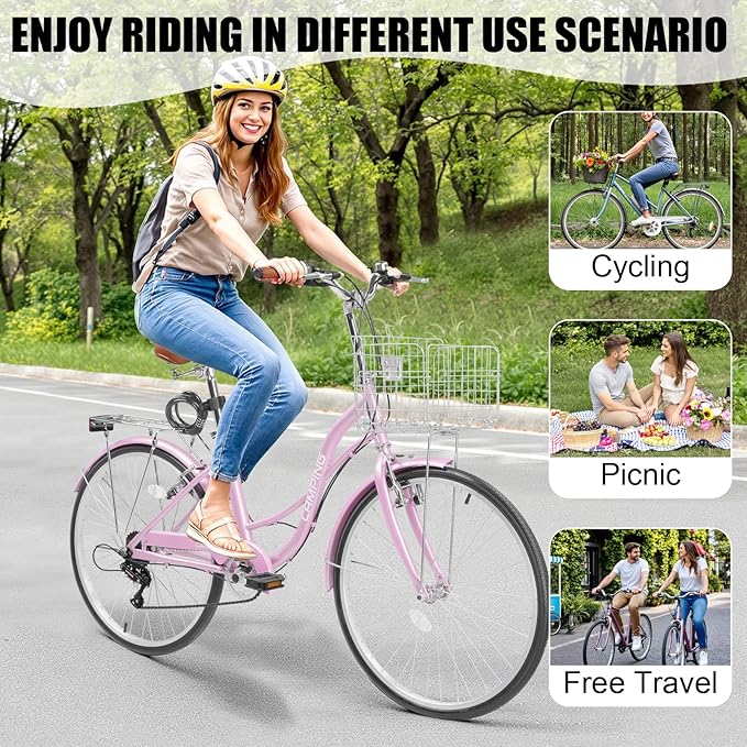 Ktaxon Women Bike 24/26 Inch Bicycles for Women, Beach Cruiser Bike with Premium Derailleur & Shift Lever, Adjustable Seat, High-Carbon Steel Frame and Excellent Welding Technology | Premium Derailleur, Shift Lever, Adjustable Seat