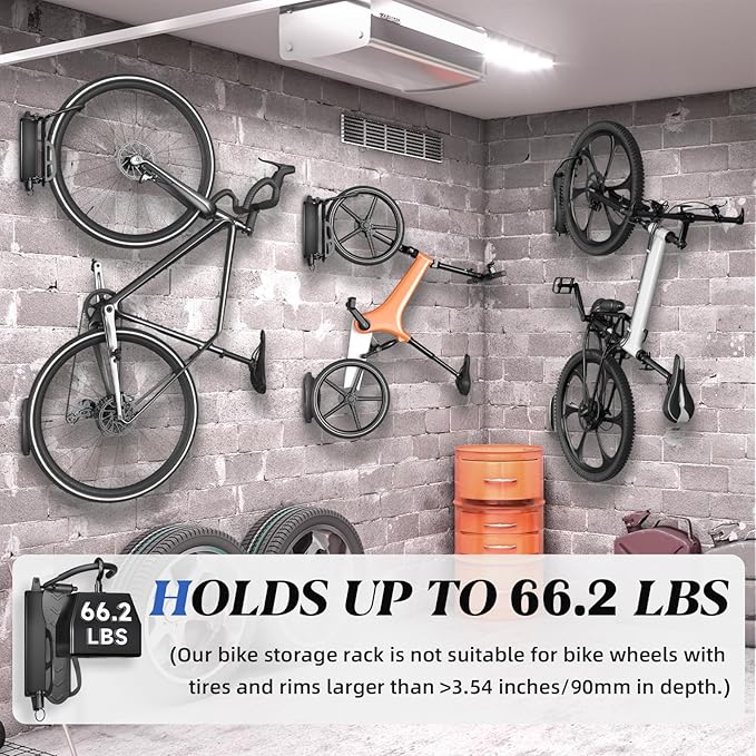 Goovilla Swivel Bike Wall Mount 4 Pack, Space Saving Bike Hangers for Garage with Screw and Easy Installation, Metal Vertical Bike Rack Wall Mount Holds up to 66.2lbs with No-scratch Protection, Black