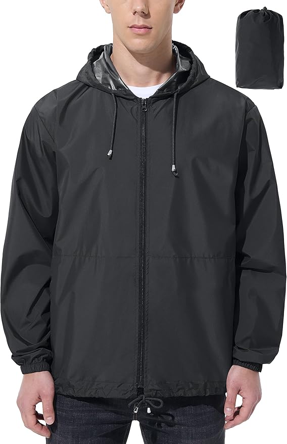 Mens Rain Jacket Raincoat Windbreaker Running Waterproof Lightweight Packable with Hood Travel Hiking Cycling