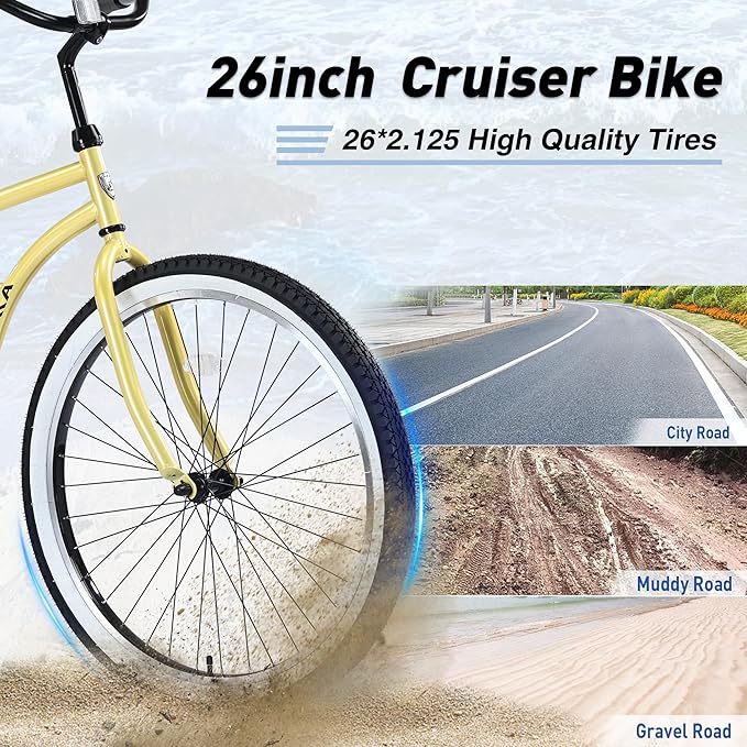 Multiple Colors Adult Beach Cruiser Bike, Single Speed Bicycles 26" Inch, Fixed Gear Bike, Wide Wheels for Stability, Rear Coaster Brakes, Multiple Speed Options