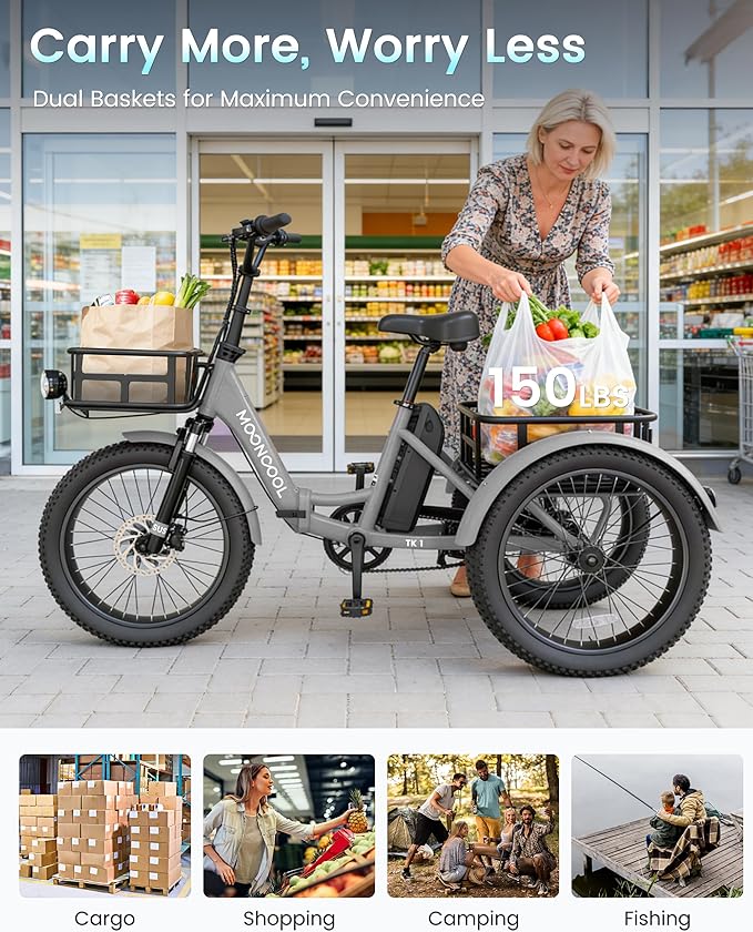 MOONCOOL Electric Trike for Adults, 500W/750W 48V Electric Tricycle for Adults Peak Power 1500W, 20"x3.0" Fat Tire 3 Wheel Electric Bike, Folding Aluminum Adult Tricycle with Removable Battery