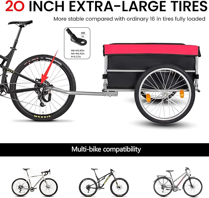 Aluminum Bicycle Trailer, Foldable Bike Cargo Trailer with Universal Hitch, 20'' Wheels, Removable Cover, Folding Frame Quick Release, Ebike Trailers for Camping, Groceries, 120 LBS Capacity, Red