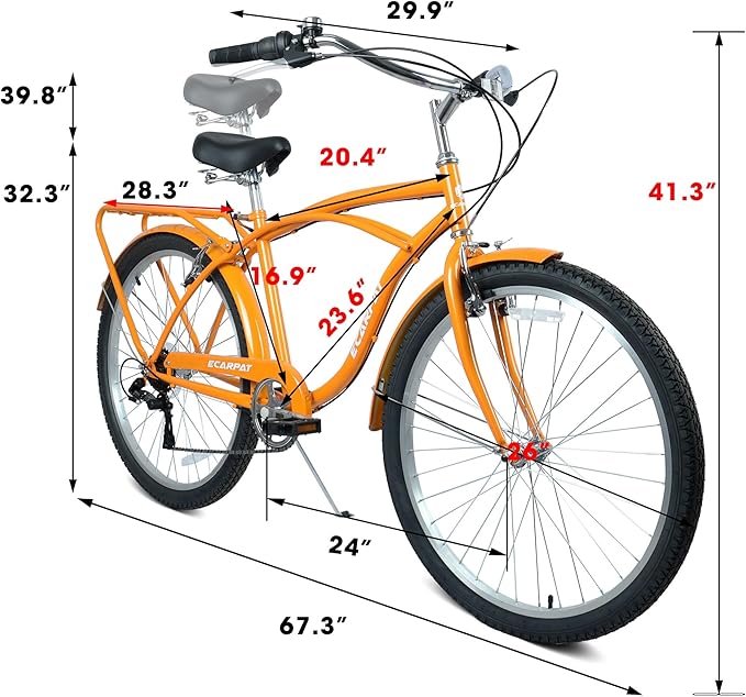 26 Inch 7-Speed Beach Cruiser Bike for Men & Women, Step-Through Comfort Frame, Upright Riding Position, Alloy Wheels & V-Brakes for Commuting & Leisure