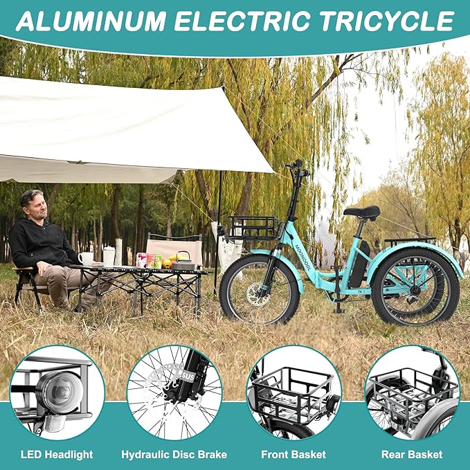 MOPHOTO Electric Tricycle for Adults, 20in 3 Wheels Folding Electric Bicycle Bikes, 48V 500W Electric Trike Ebike with Aluminum Frame, Removable Battery