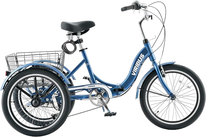 VIRIBUS Folding Tricycle for Adults, 20 inch Foldable Adult Tricycle 1 or 7 Speed Speed with Basket, Folding 3 Wheel Bikes for Adults Senior Women Men, Collapsible Mini Trike, Three Wheeler 330lb.
