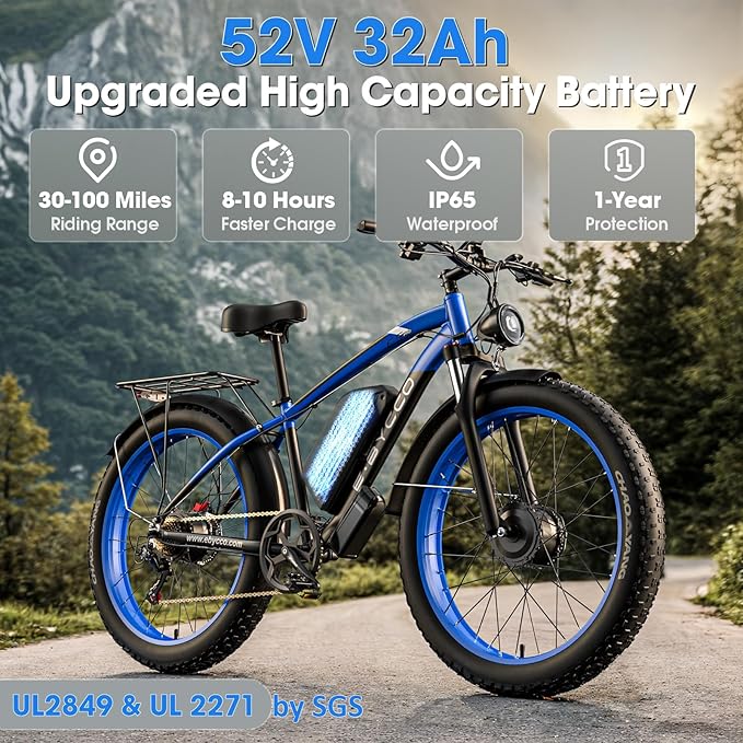 E·Bycco 5000W Peak Dual Motor Electric Bike for Adults, 24" Fat Tire Ebikes 52V 32AH, Max 45 MPH, 100 Miles Long Range, Hydraulic Brake, Pedal Assist Mountain Electric Bicycle