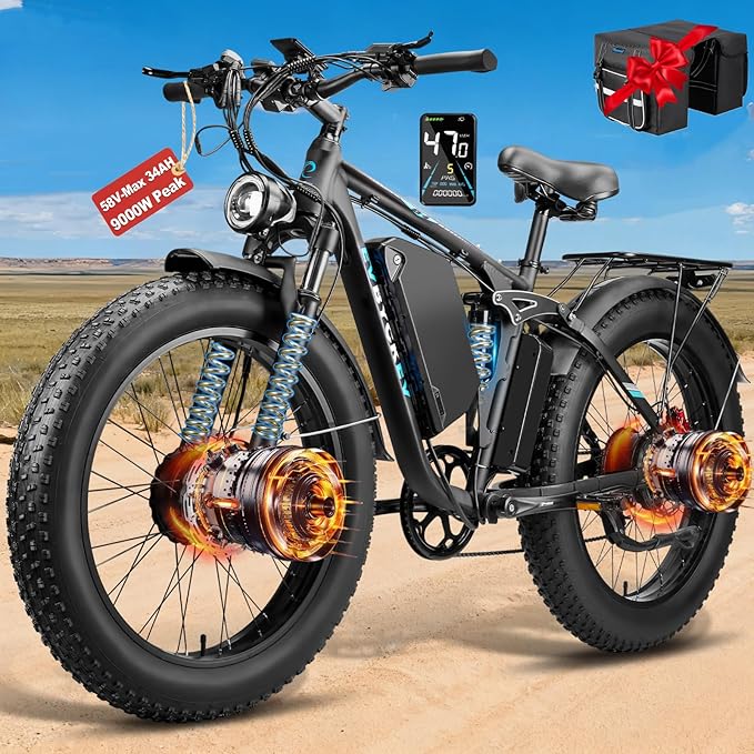 9000W Peak Electric Bike,58V Max-Output Dual Motor Ebike for Adults, 47MPH 1856Wh Fast E Bike,Up to 105Miles 24" x4.0 Fat Tire Full Suspension Mountain E Bicycle for Sand Beach Commuter