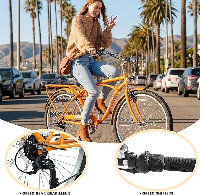 26 Inch 7-Speed Beach Cruiser Bike for Men & Women, Step-Through Comfort Frame, Upright Riding Position, Alloy Wheels & V-Brakes for Commuting & Leisure