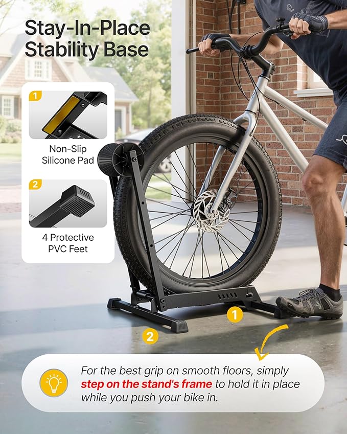 monTEK Heavy-Duty Bike Floor Stand for Max 4.5" Tire Width | 77lbs Capacity Dual-Arm Foldable Bicycle Storage Rack | 3-Level Height Adjustable | Fit 20"-26" Wheels for Road, Mountain & Fat Bikes