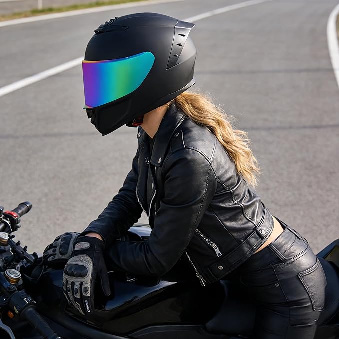 Full Face Motorcycle Helmet,Helmets for Adults Motorcycle, MG611 Motorbike Racing Street Bike Helmets with Black Visor for Men Women,DOT Approved (Matte Black-Colorful+ Mask, S)