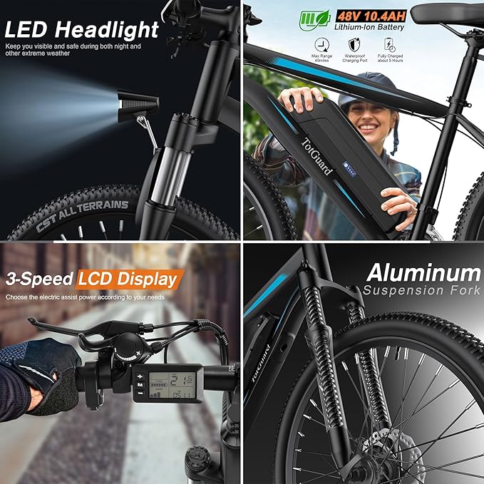 TotGuard Electric Bike for Adults, 27.5" Electric Bike 500W Ebike 20MPH Adult Electric Bicycles Electric Mountain Bike,48V 499WH Removable Lithium Battery,21-Speed Gears,Lockable Suspension Fork