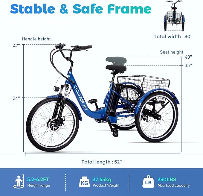 Luxevelo 500w Electric Trike Electric Tricycle for Adults Hydraulic Disc Brakes Adult Tricycle 24 inches Tire 7speed Power Assist Multiple Shock Absorption Compact Commuter 48v 13ah Removable Battery