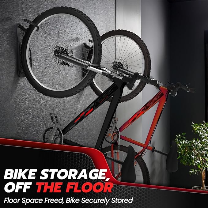 Flexzion Garage Bike Rack Wall Mount (2 Pack) - Vertical Bicycle Rack Hanger Wall Mounted Storage Holder with Screws - Easily Hang/Detach Bike Hooks for Indoor, Apartment, Shed, up to 44lbs(20Kg)