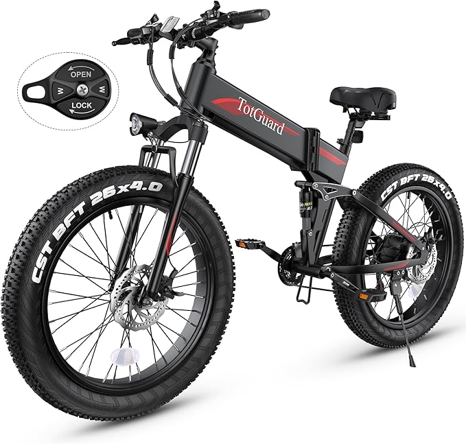 Wooken 26" x4.0 Fat Tire Electric Bike, Folding Electirc Bike for Mountain Commuter, Peak 1000W Motor 21.6 MPH, Ebikes for Adults with 48V/10.4Ah Removable Battery, Suspension Fork, 21 Speed Ebike
