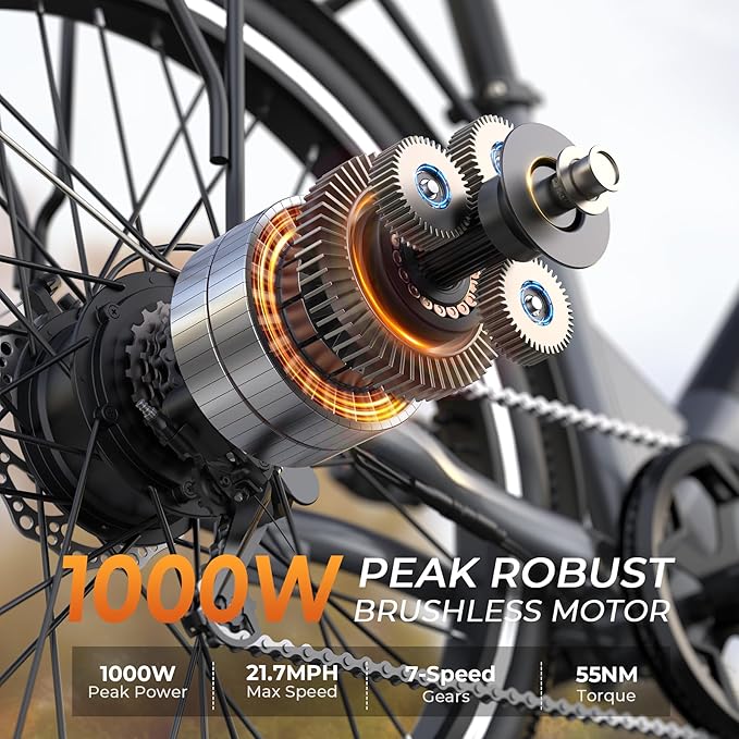 Electric Bike for Adults,26" Step-Thru EBike with 1000W Peak Motor,50 Miles 21.7MPH Adult Electric Bicycles with 48V Internal Removable Battery, Adjustable Stem,7 Speed,UL 2849 Certified