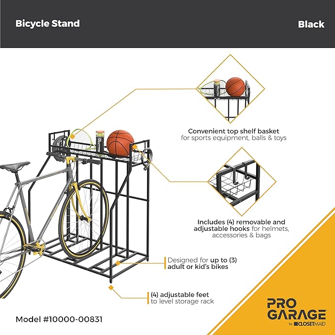 ClosetMaid ProGarage Bike Stand Rack with Storage Shelf and 4 Hooks for 3 Bicycles, Adult or Kids, Black