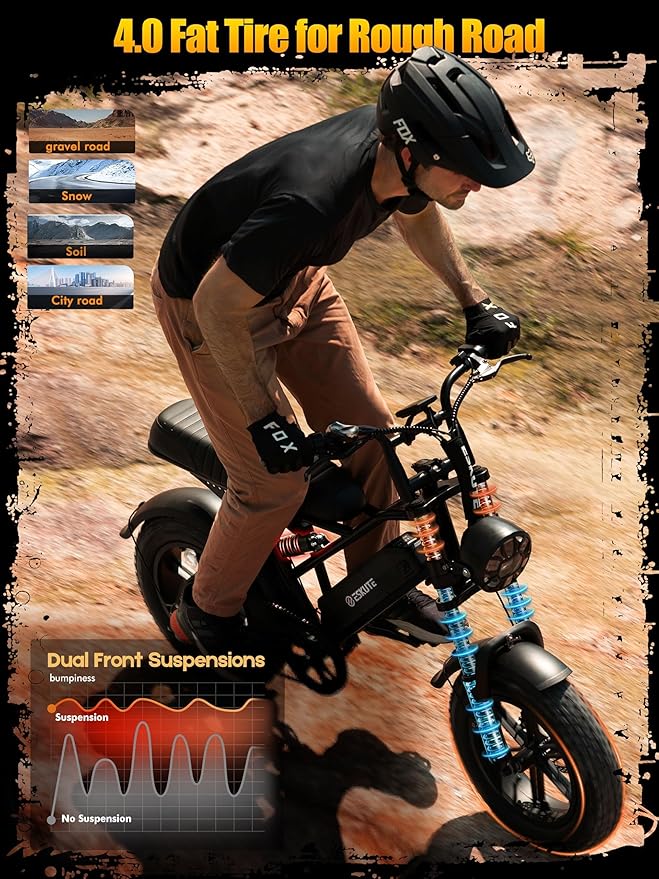 ESKUTE V100 Electric Bike for Adults, Electric Dirt Bike 1500W Peak Motor, All Terrain Dual Suspension E Bike 28MPH Top Speed, Ebike Up to 60 Miles Range, 16" Fat Tire, 48V13Ah Battery, 7-Speed