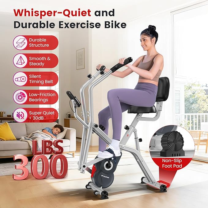 Foldable Exercise Bike, Multifunctional Indoor Stationary Bikes for Home with 8-Level Magnetic Resistance, Quiet Workout Bike with Arm Resistance Bands, LCD Monitor, 300LBS Capacity