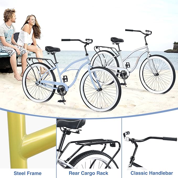 Multiple Colors Adult Beach Cruiser Bike, Single Speed Bicycles 26" Inch, Fixed Gear Bike, Wide Wheels for Stability, Rear Coaster Brakes, Multiple Speed Options