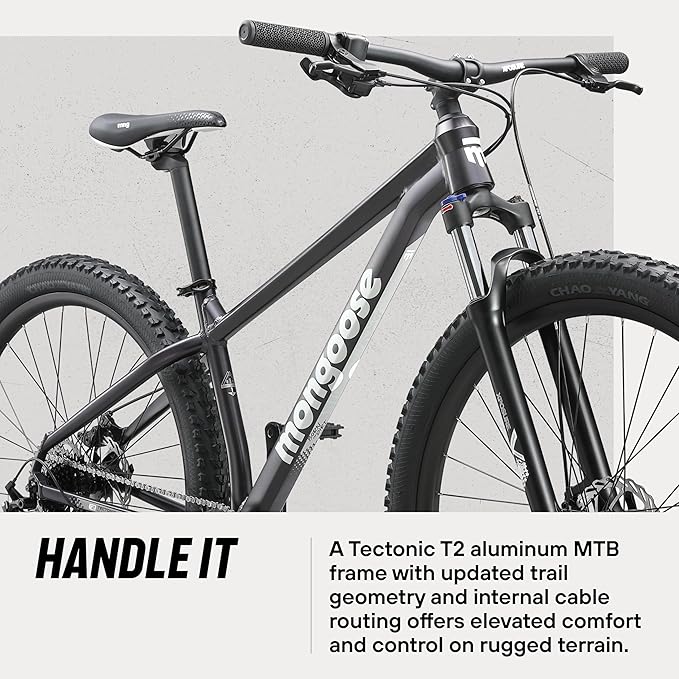 Mongoose Switchback Mountain Bike for Men and Women, 8 to 10-Speed Drivetrain with Trigger Shifters, 27.5 to 29-Inch Wheels, 15.5 to 17.5-Inch Frame