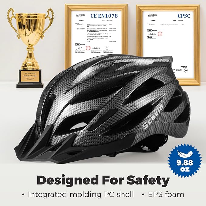Adult Mountain Bike Helmet with Rear Light Adjustable Dial, Removable Visor - CPSC 1203 Certified Lightweight Bicycle Helmet for Urban-Commute, Road & MTB for Men, Women, Youth