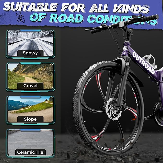 26 Inch Adult Folding Mountain Bike, 21 Speed Foldable Bicycle with Full Suspension, High Carbon Steel Frame, Folding Bikes for Men/Women/Teen, Dual Disc Brake