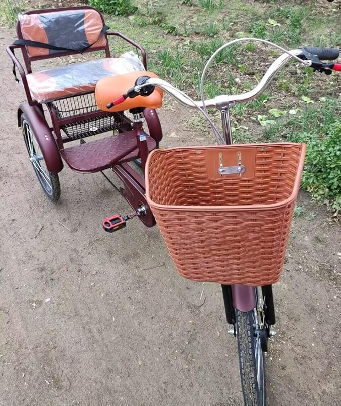 20 inch Folding Tricycle, Outdoor Cruiser Bikes with Passenger seat, 3 Wheel Bike, Large Pedal Tricycles with Inflatable Wheel, Tandem Bicycle, Ride-on trikes for s,Wine Red 20inch