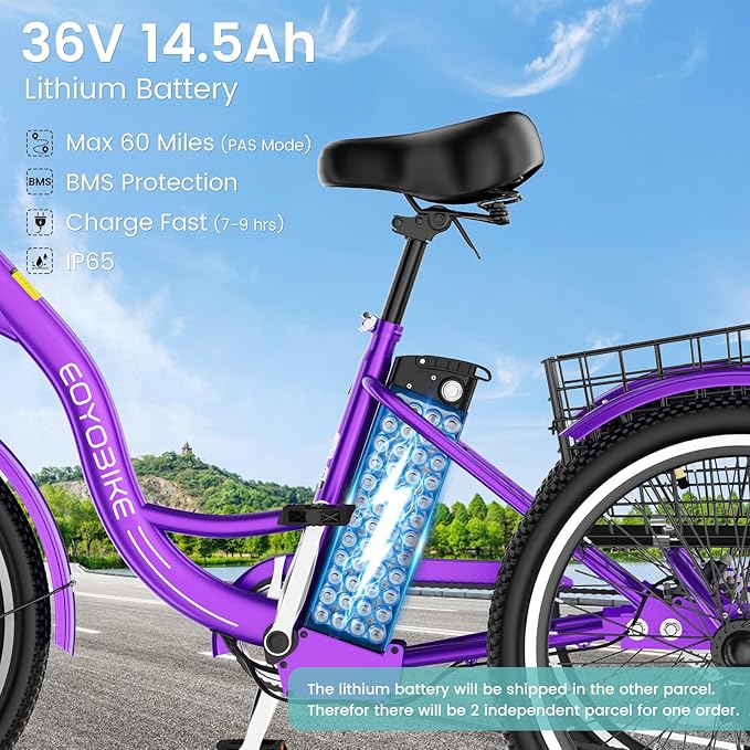 Electric Tricycle for Adults Seniors, 24/26 Inch 3 Wheel E-Trike, 350W Motor (700W Peak), Removable 36V Battery, Up to 15.5MPH, 25-60Mile Range, Low Step-Through, Rear Basket, 350lbs Capacity, 7 Speed