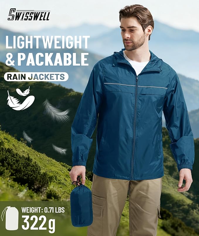SWISSWELL Mens Rain Jacket & Coats Packable Lightweight Waterproof Windbreaker Hooded for Golf Cycling Hiking