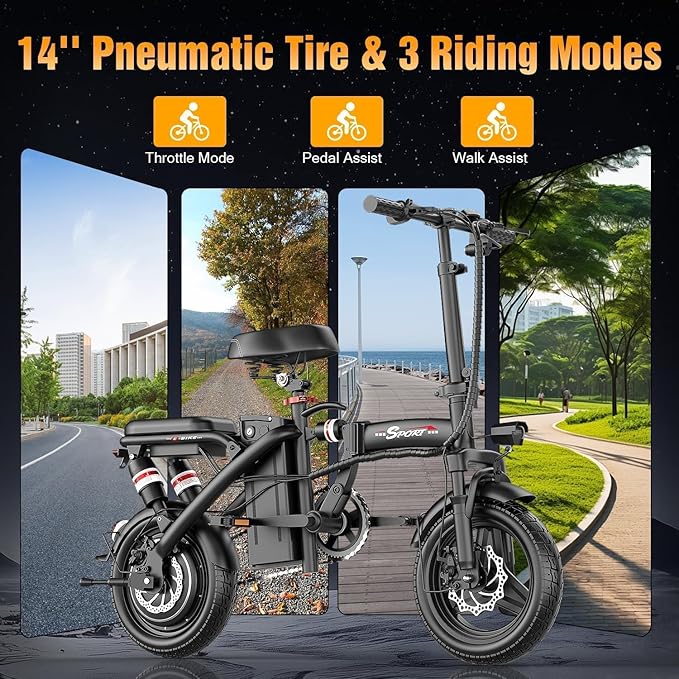 ASKGO Electric Bike for Adults Teens, 800W/1200W Peak Folding Ebike, 22/25MPH, 30-45 Miles Range, E-Bike with Dual Brake & Multi Suspension, 14" Portable Electric Mini Bike for Commuting
