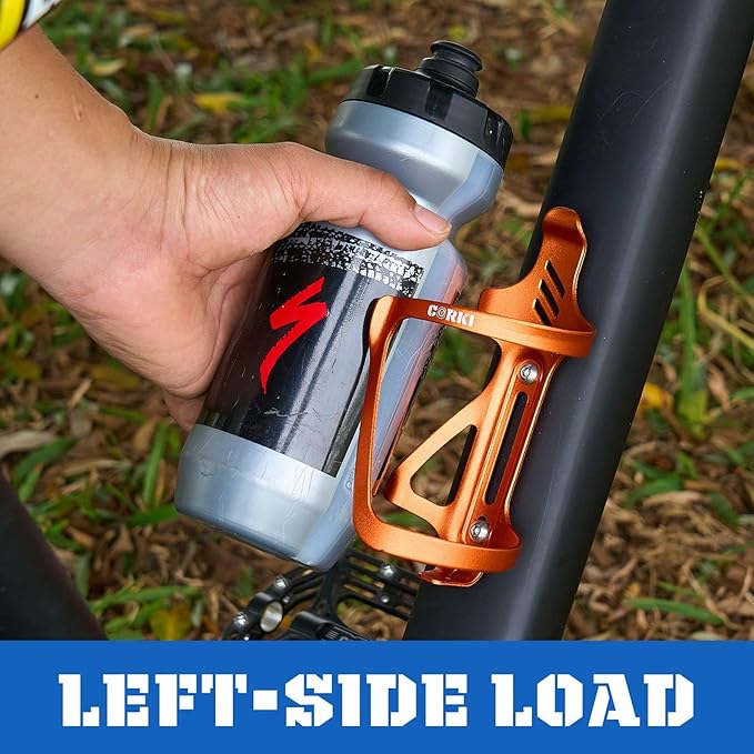 Corki Cycles Left Side Load Water Bottle Cage, Side Entry Bike Water Bottle Holder for Road & Mountain Bikes -2 Pack-Orange-Aluminum Alloy