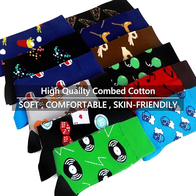 WeciBor Men's Dress Funny Crazy Colorful Novelty Combed Cotton Crew Socks 12 Pack - Size 7-10/10-13/13-15