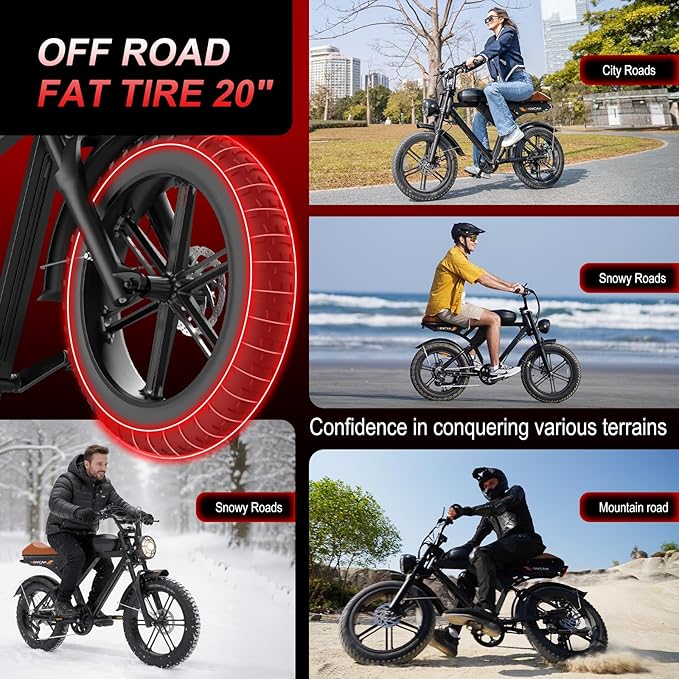 MOVCAN V30 Series Electric Bike for Adults, 3000W/1500W/1000W Motor, 20" Fat Tire Ebike, 37.5MPH/32MPH/28MPH, 120/70Miles, 48V 40Ah/31.2/15.6Ah Dual Battery Motorcycle Ebike for Commuting/Off-roading