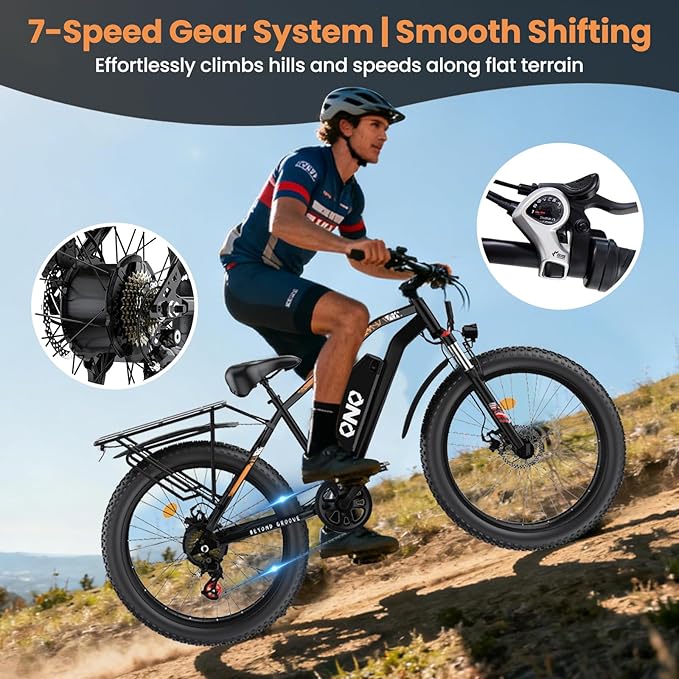 Adult Fat Tire Electric Bike 1500W Peak Motor - 48V 15Ah Fast Electric Mountain Bike, 20MPH & 60 Miles Long Range Ebike, 26" All Terrain E-Bike for Men Women with Lockable Suspension & 7 Speed Gears
