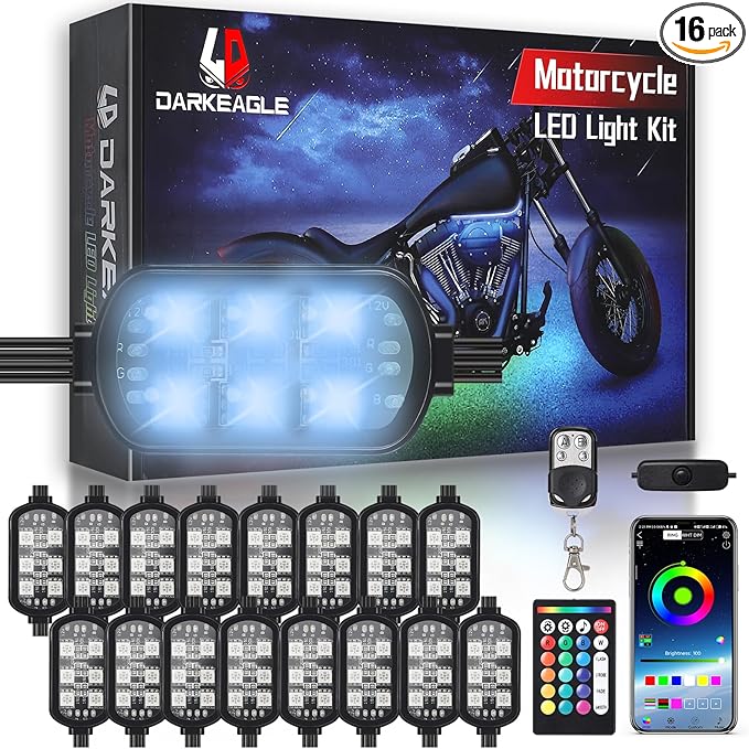 16PCS Motorcycle RGB LED Accent Lights with APP&RF Remote, Waterproof Frame & Engine Underglow Pods with Brake Turn Signal, 12V for Harley, Cruiser, Street, Touring, Sport Bike, Dirt Bike
